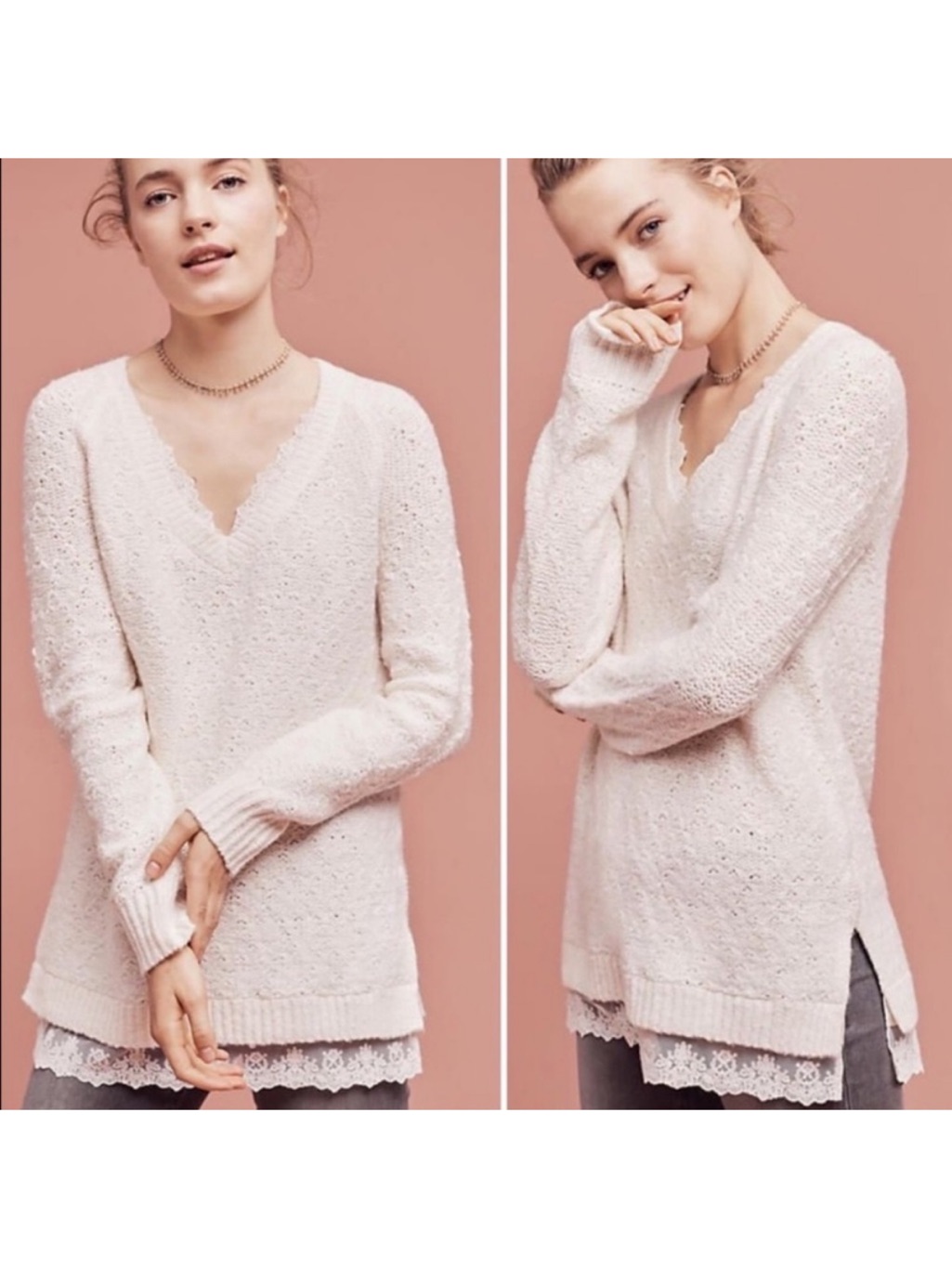 Anthropologie Knitted & Knotted Lace Trim Betten Sweater Tunic Size Xs Ivory